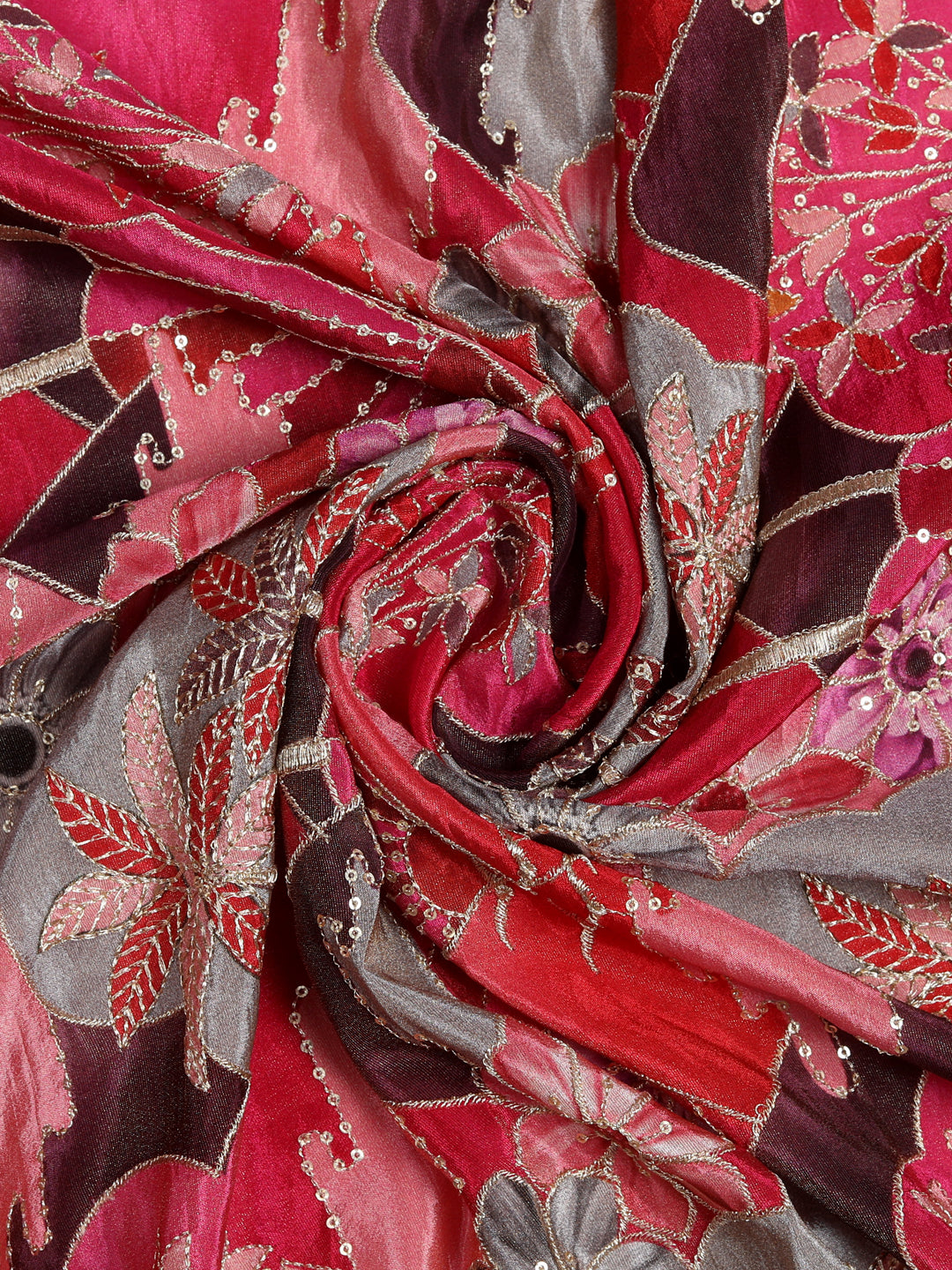 Red Tissue Floral Zari Work Fabric