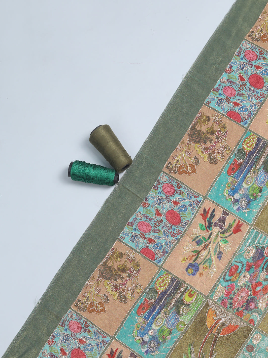 Olive Green Floral Zari Work Fabric