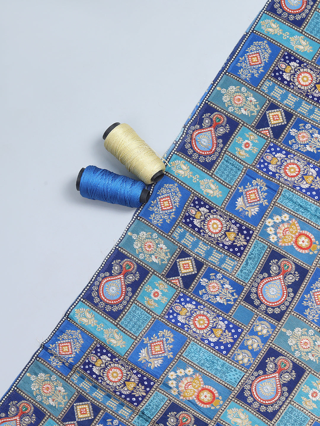 Blue Checks Zari Work Tussar Fabric