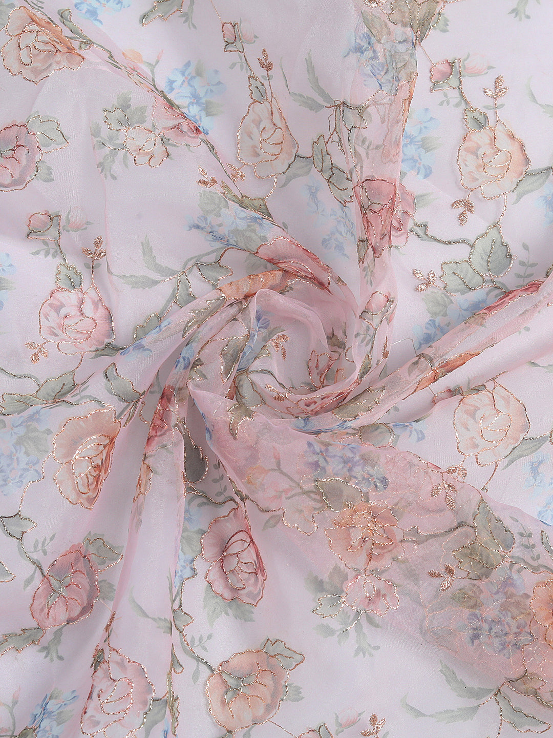 Pink Floral Organza Embroidered Fabric