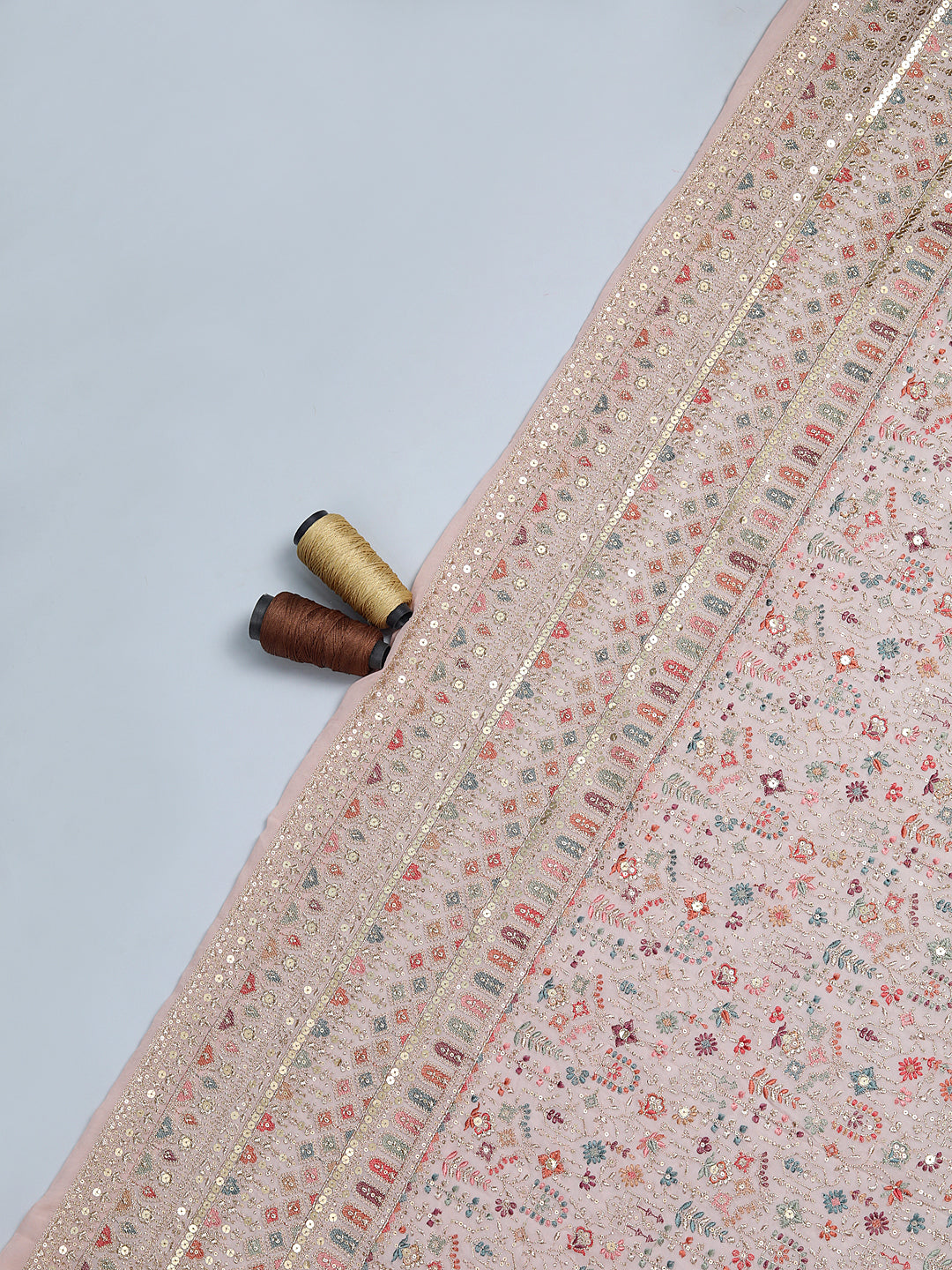 Pastel Pink & Gold Threadwork Georgette Fabric