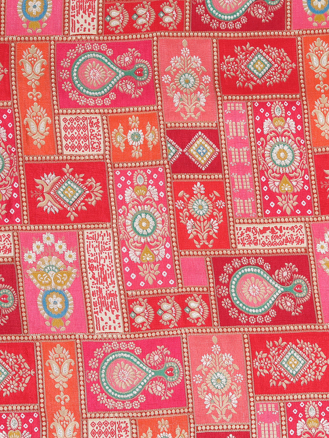 Red Tussar Silk With Checks & Floral Print