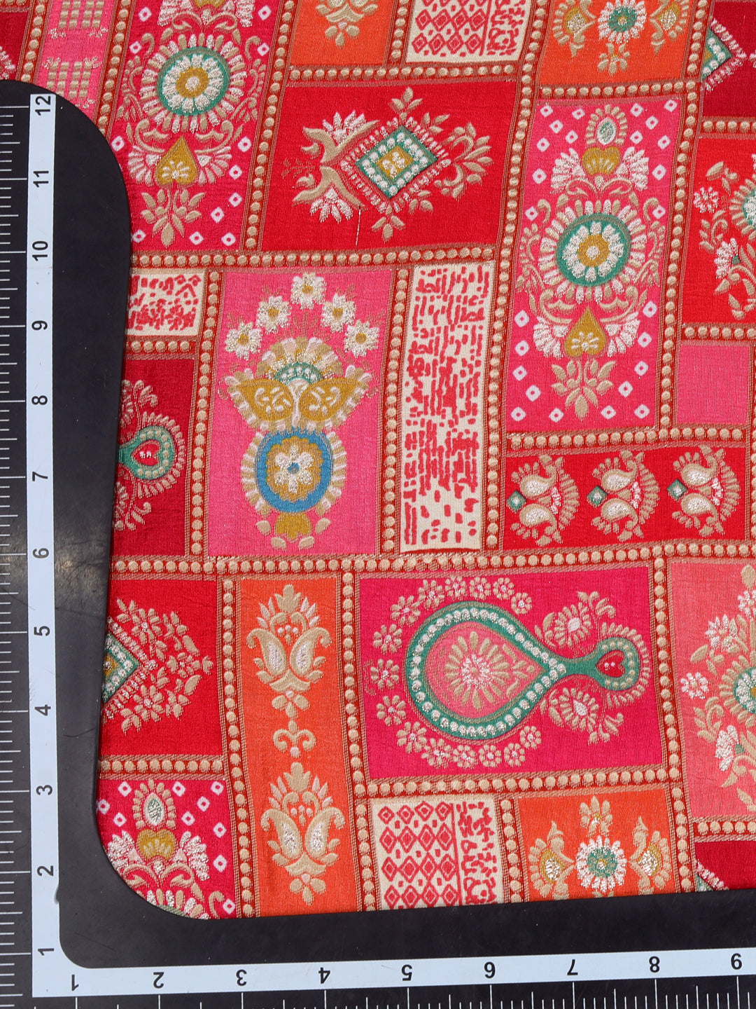 Red Tussar Silk With Checks & Floral Print