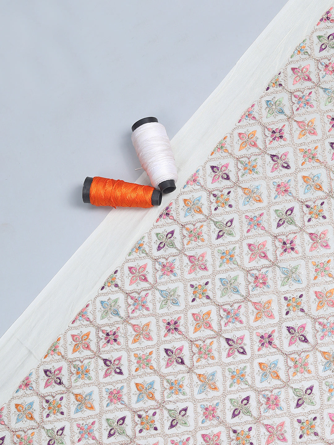 White Crepe Enthralling Threadwork Fabric