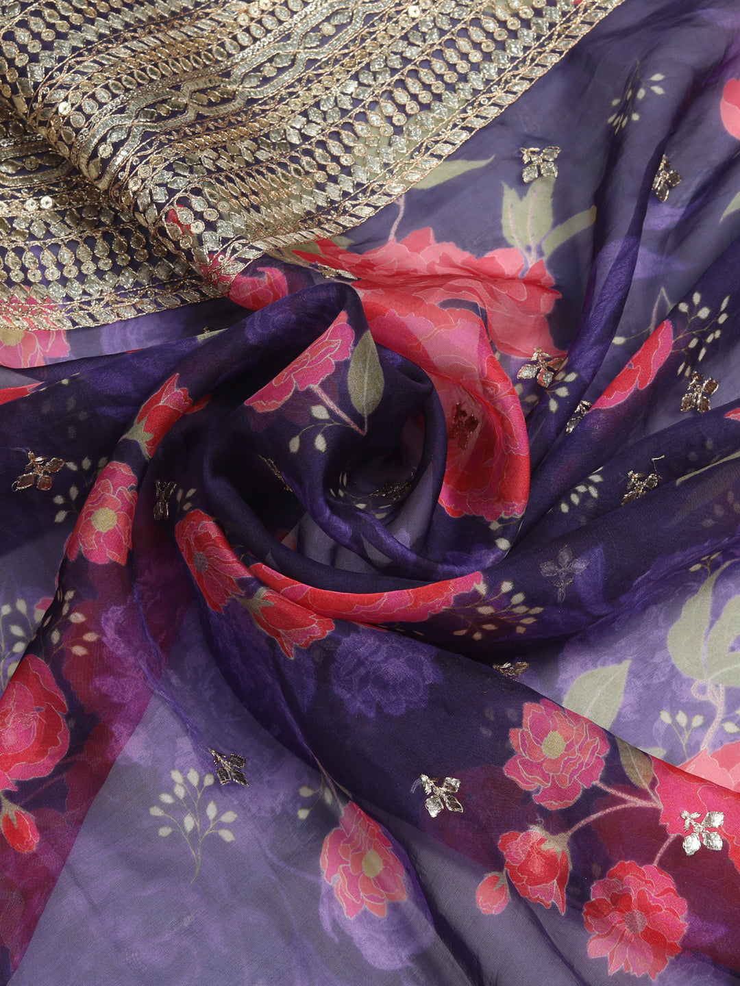 Purple Floral Organza Fabric