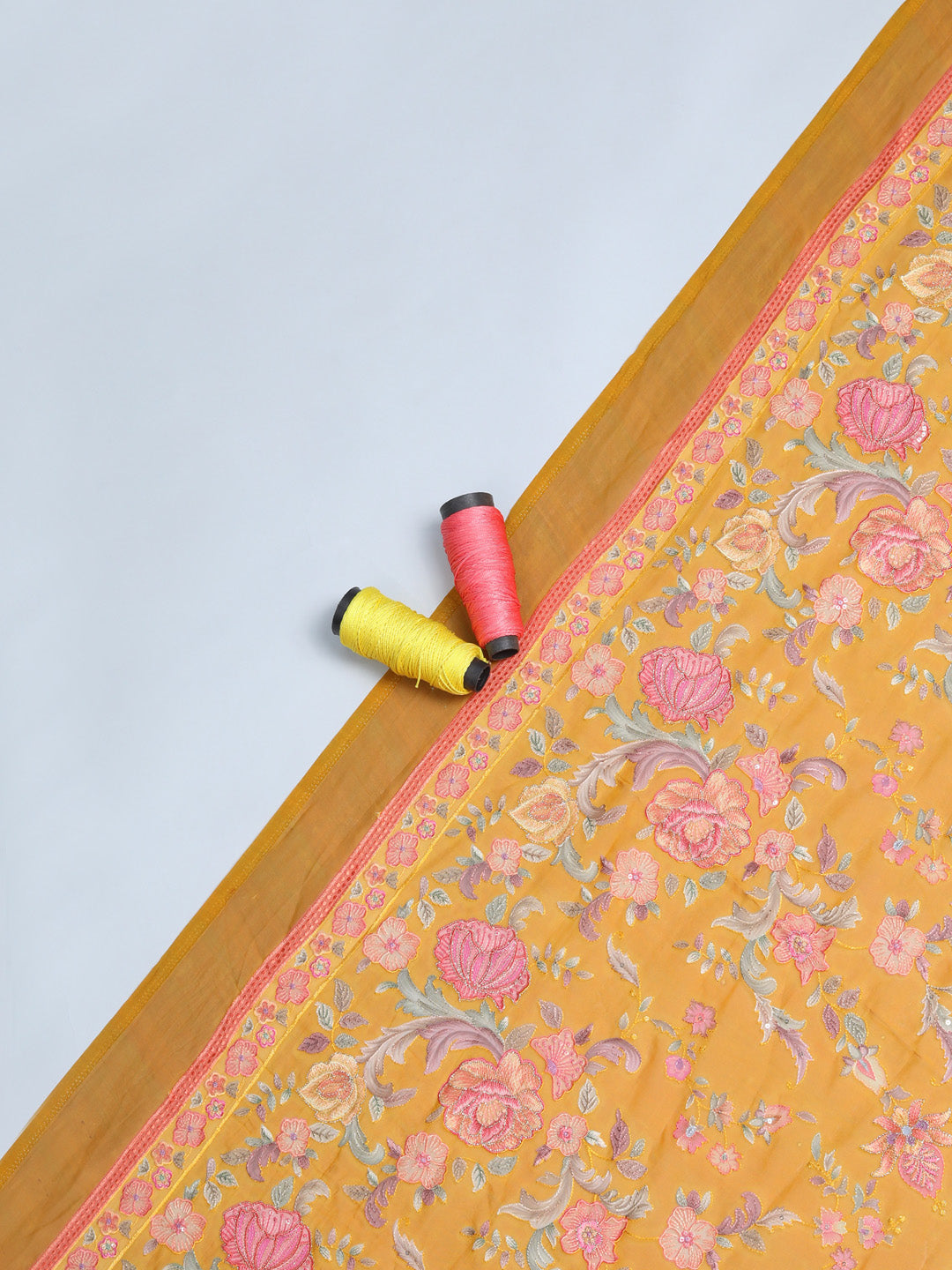 Resham Threadwork Embroidered Floral Mustard Yellow Organza