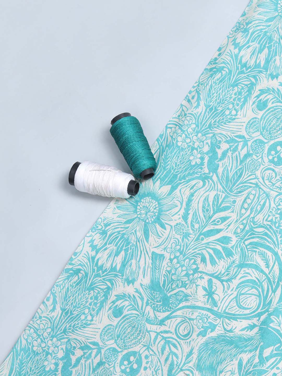 Ocean Blue & Cream Printed Linen Cotton
