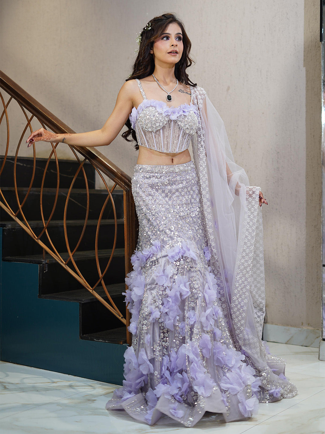 Elegant Lilac Net Embroidered Floral Lehenga