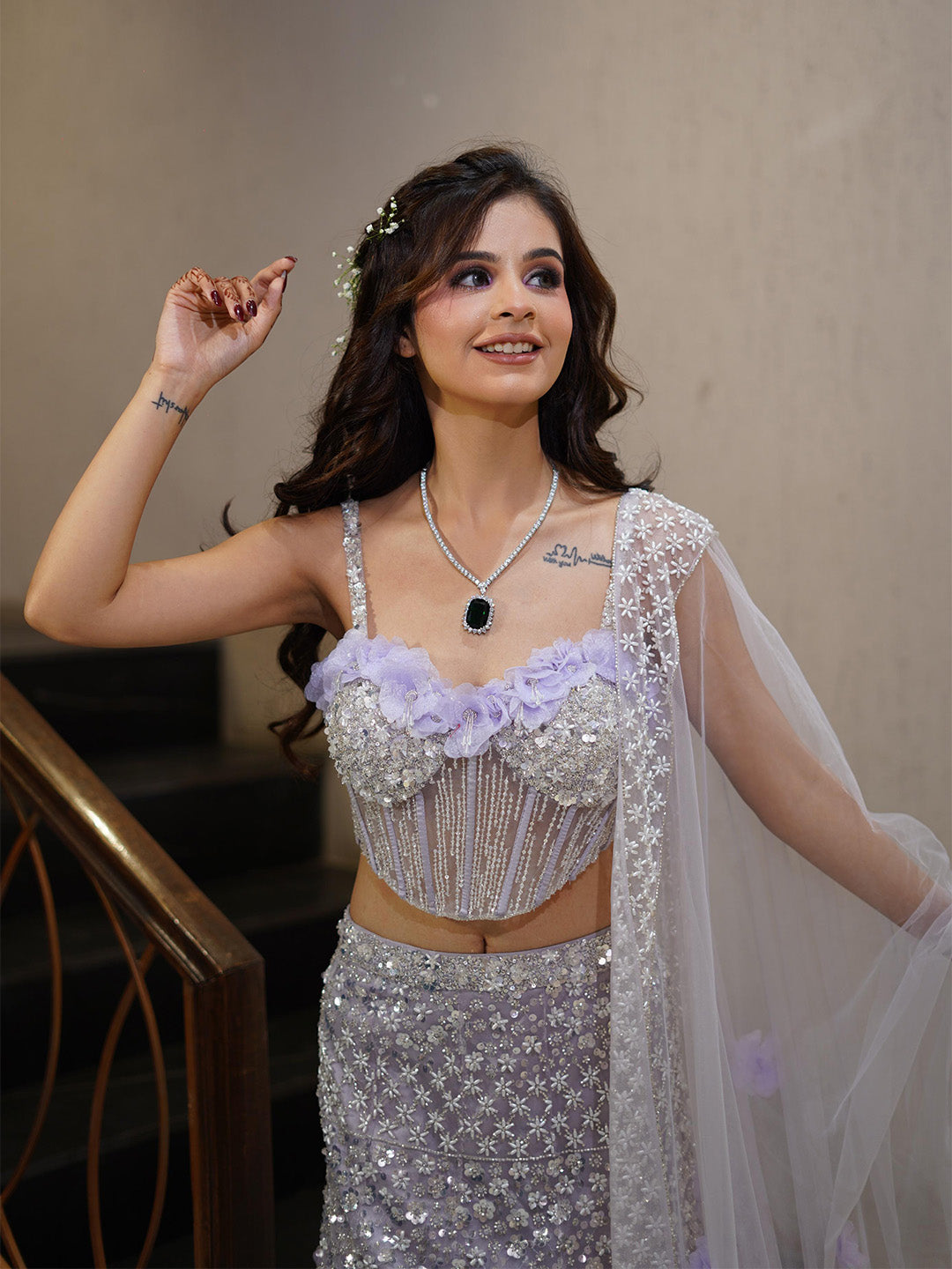 Elegant Lilac Net Embroidered Floral Lehenga