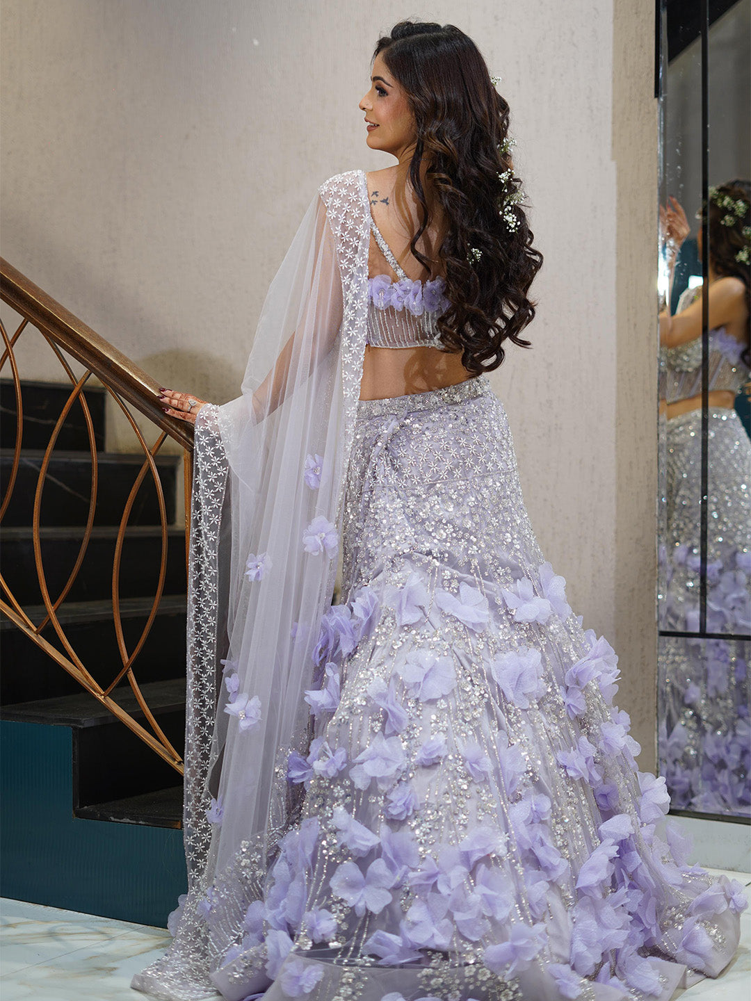 Elegant Lilac Net Embroidered Floral Lehenga