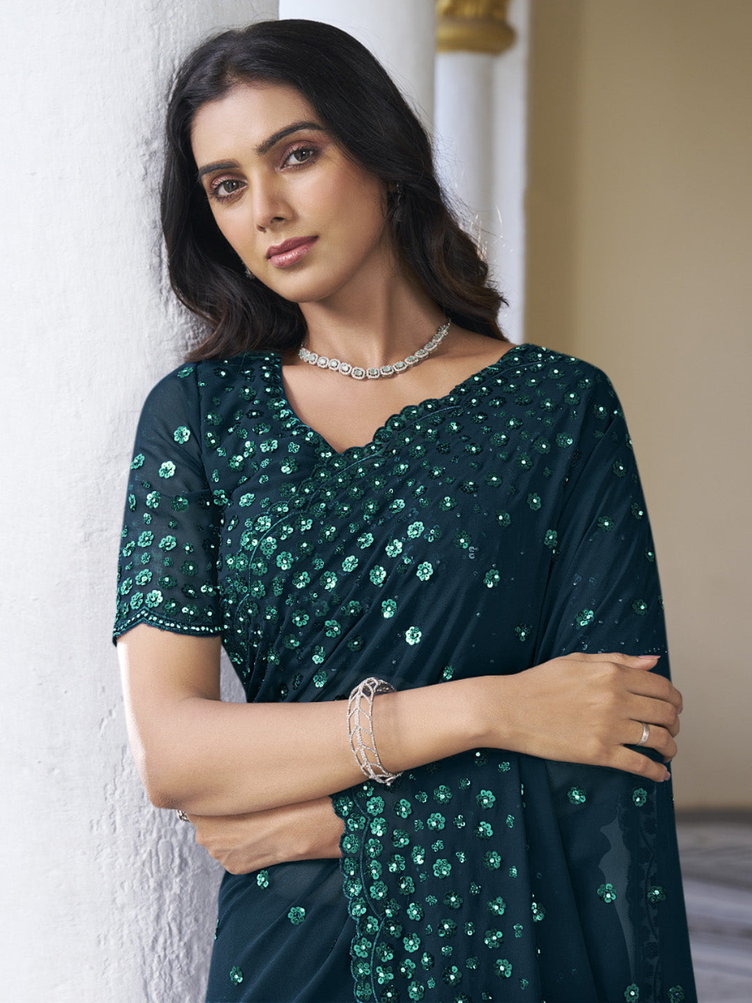 Green Sequin Embroidered Saree