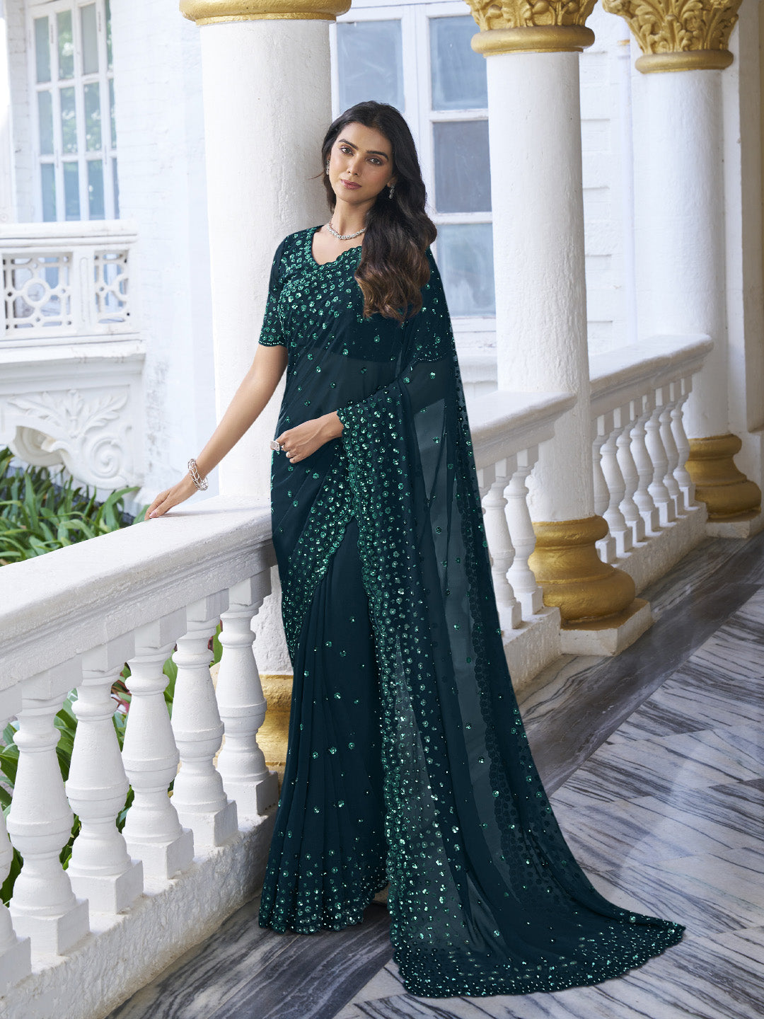 Green Sequin Embroidered Saree
