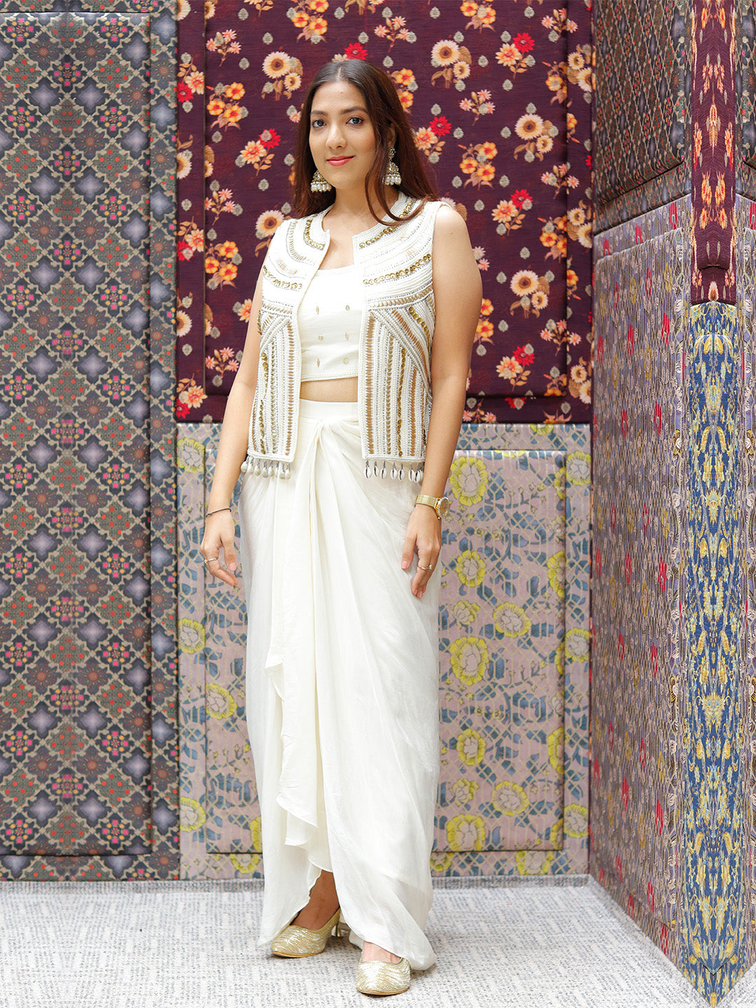 Pearl Embroidered Jacket Set With Flowing Georgette Skirt