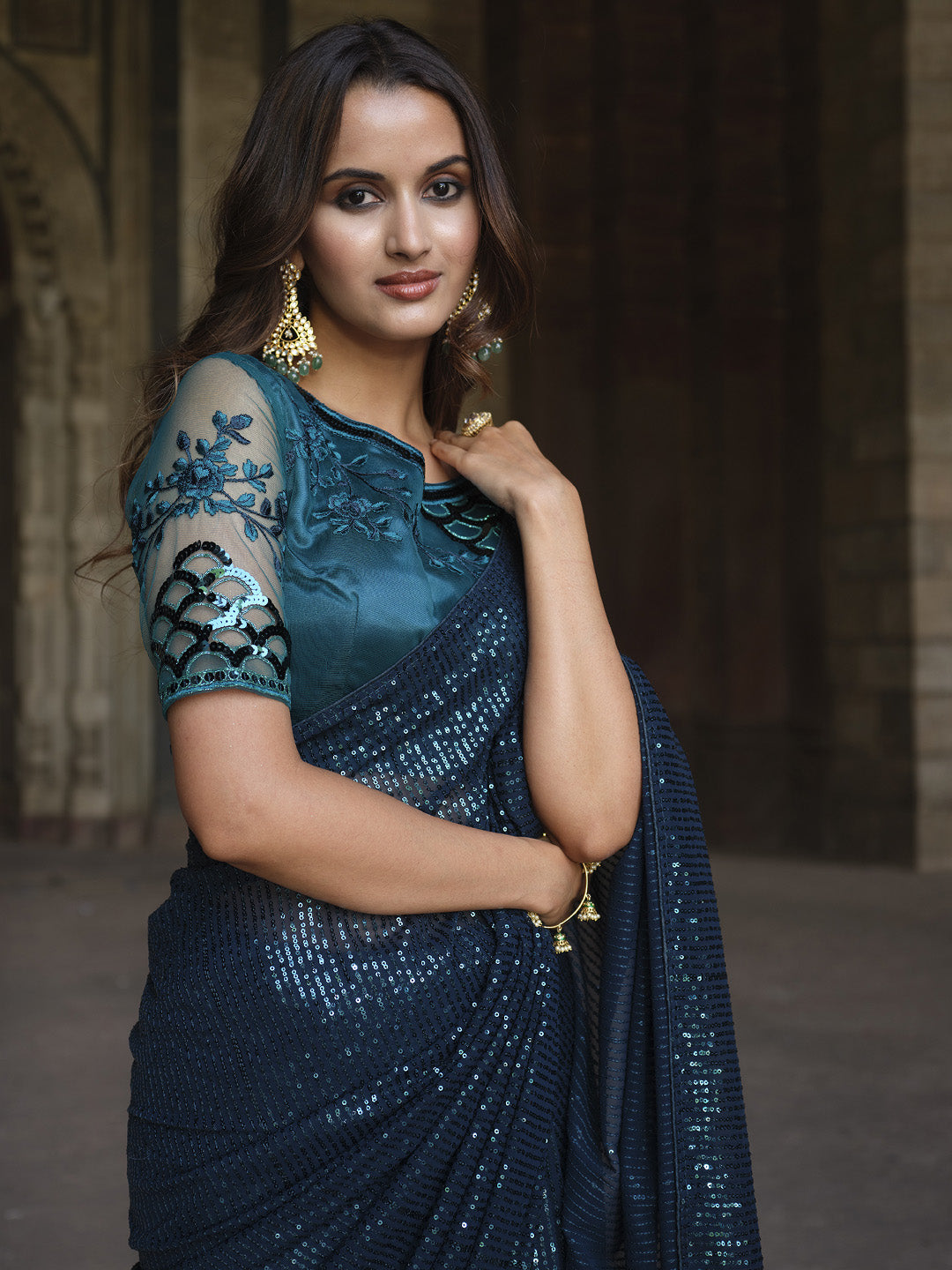Gorgeous Teal Blue Sequin Embroidery Saree