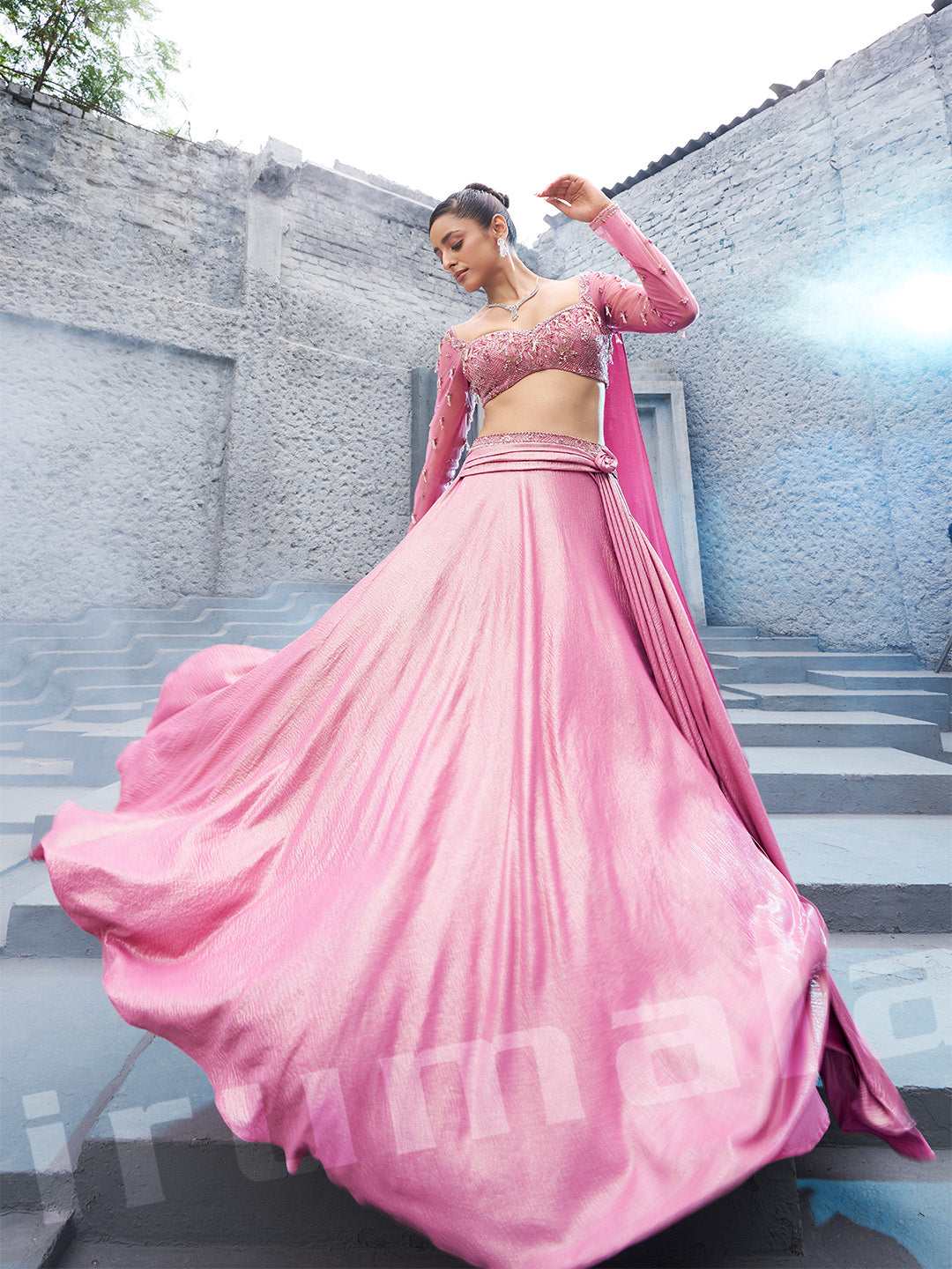 Pink Full Embroidered Choli With Flared Lehenga