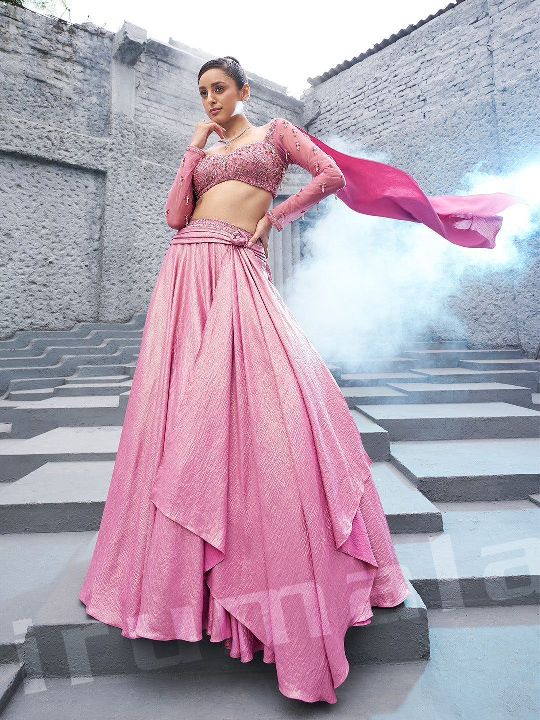 Pink Full Embroidered Choli With Flared Lehenga