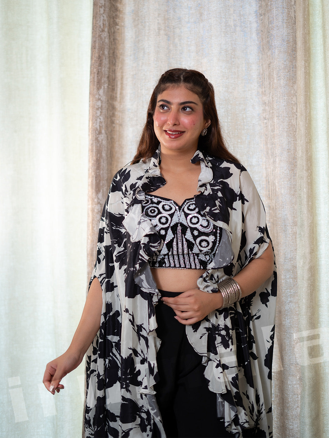 Black Drape Dhoti With Printed Cape Jacket & Fully Embroidered Blouse