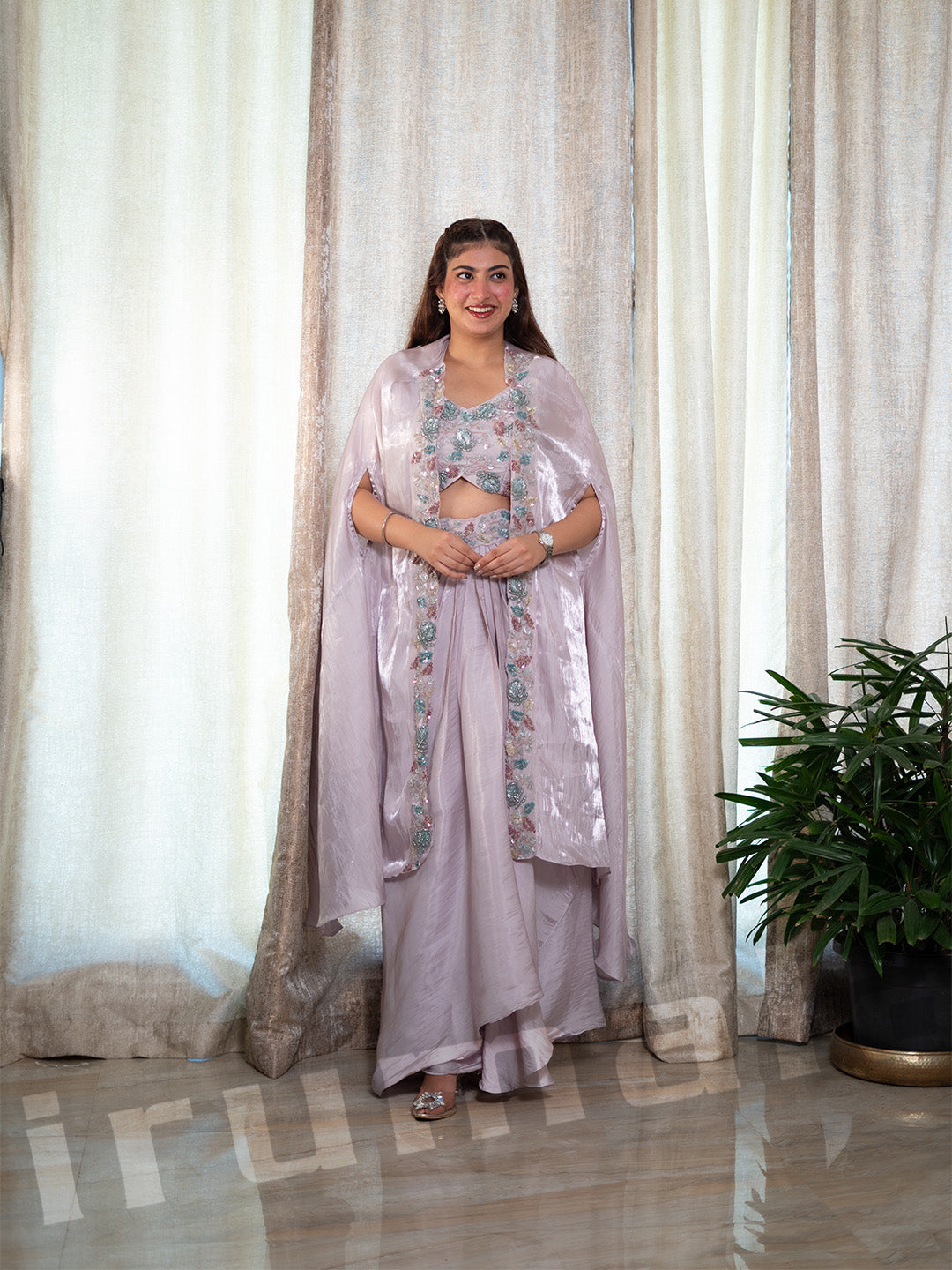 Lavender Shimmery Tissue Drape Dhoti With Cape Jacket & Blouse