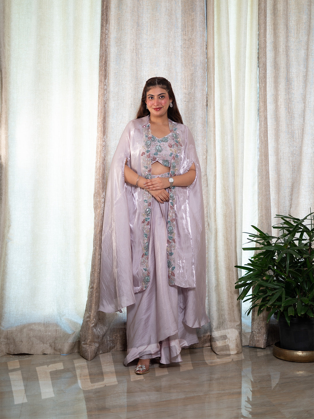 Lavender Shimmery Tissue Drape Dhoti With Cape Jacket & Blouse