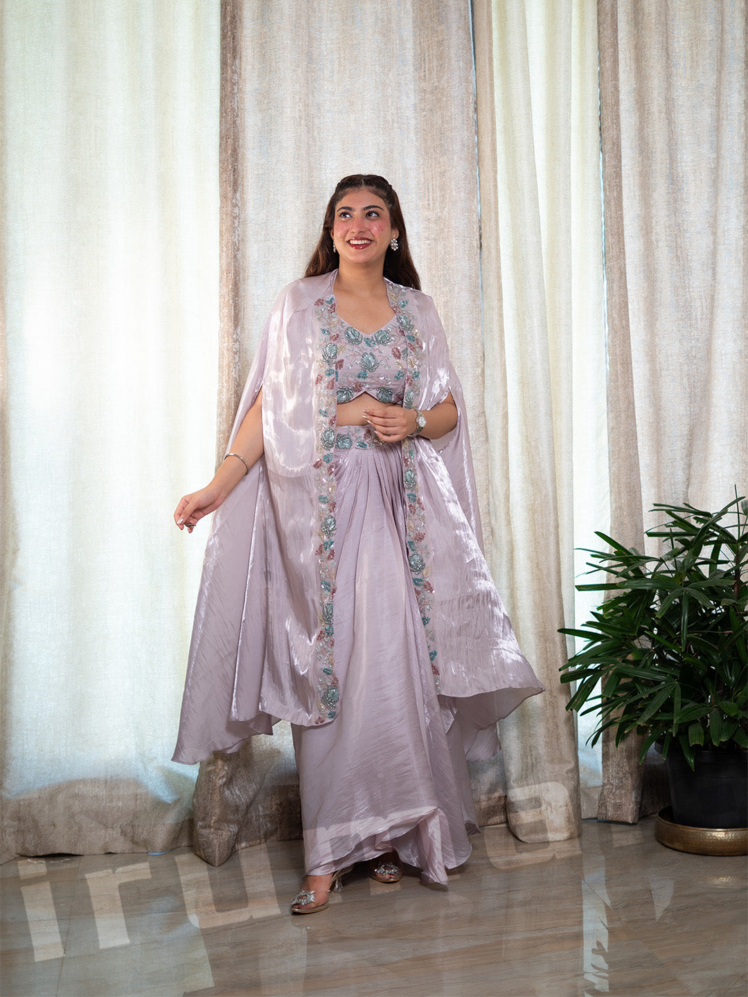 Lavender Shimmery Tissue Drape Dhoti With Cape Jacket & Blouse