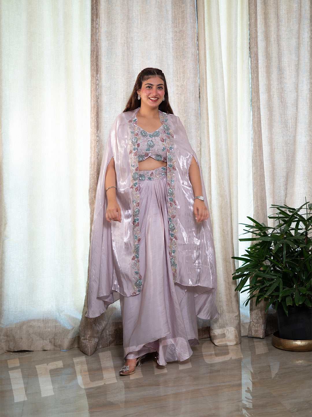 Lavender Shimmery Tissue Drape Dhoti With Cape Jacket & Blouse