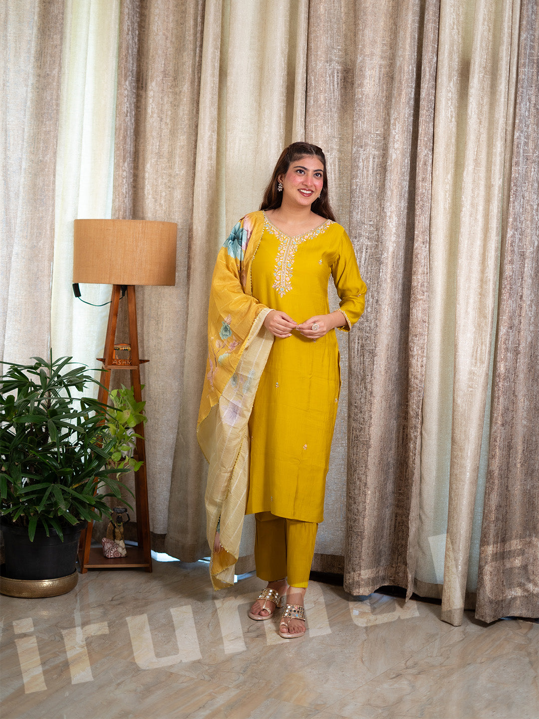 Yellow Plain Kurti With Pant & Printed Dupatta