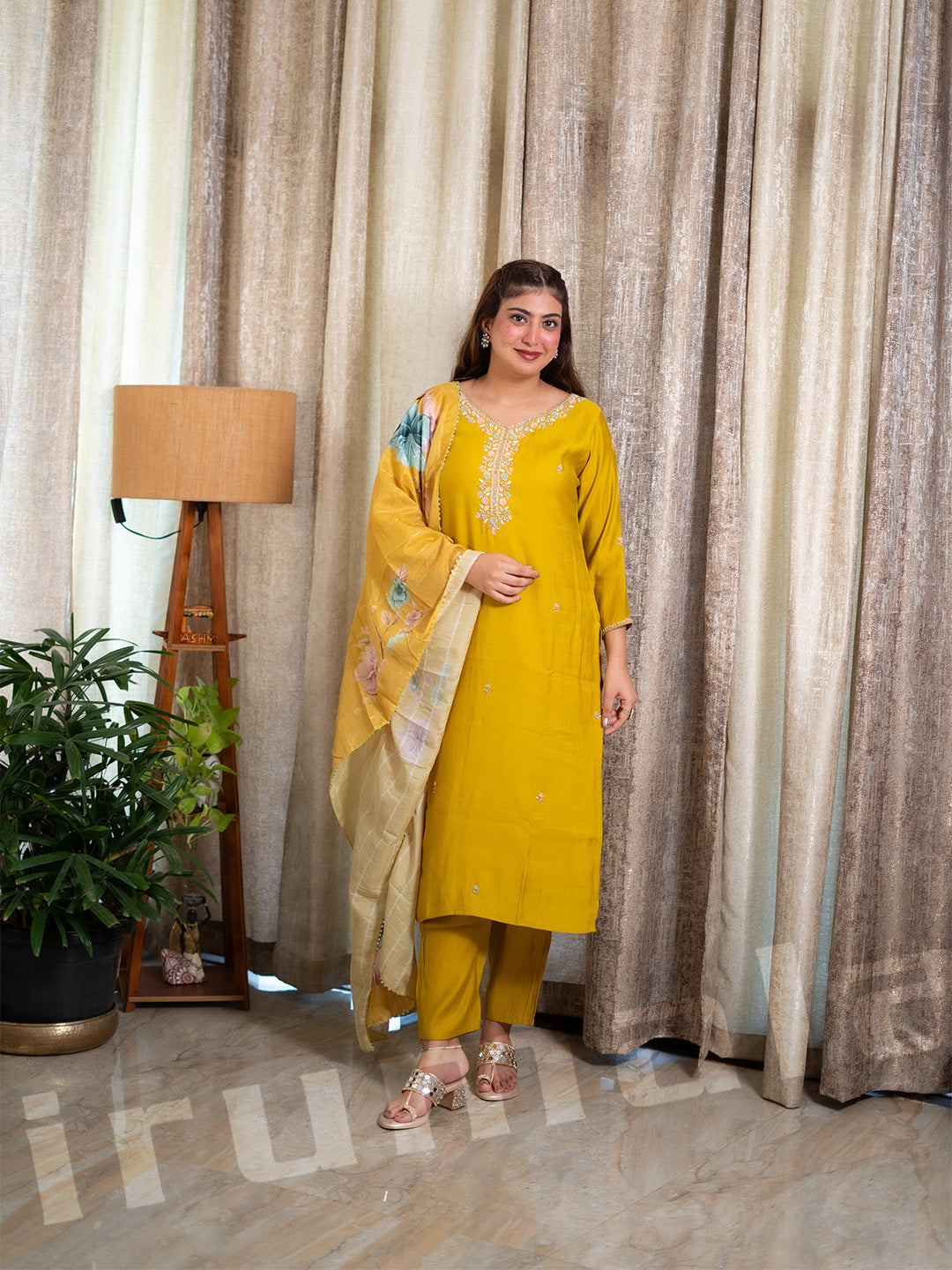 Yellow Plain Kurti With Pant & Printed Dupatta