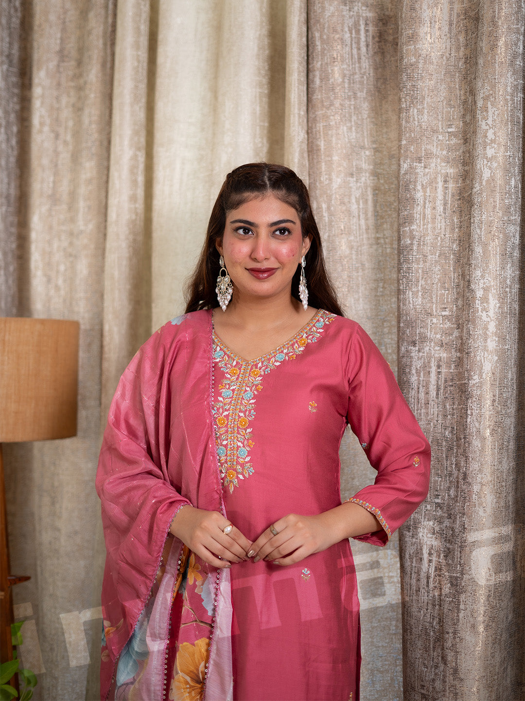 Peach Kurti With Pant & Printed Dupatta