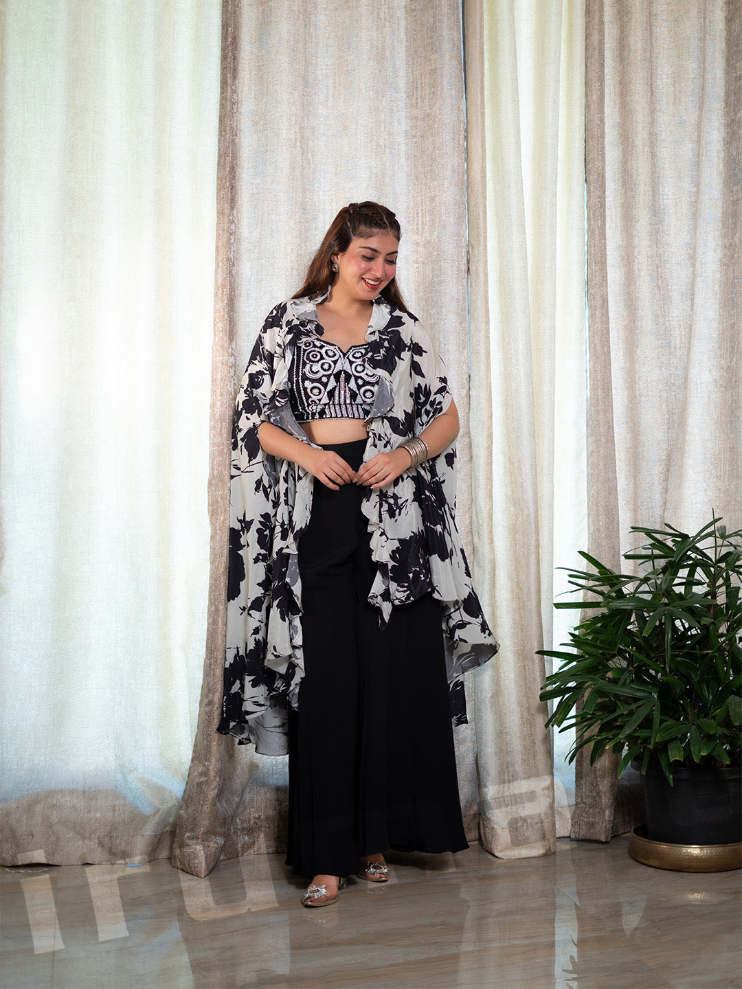 Black Drape Dhoti With Printed Cape Jacket & Fully Embroidered Blouse