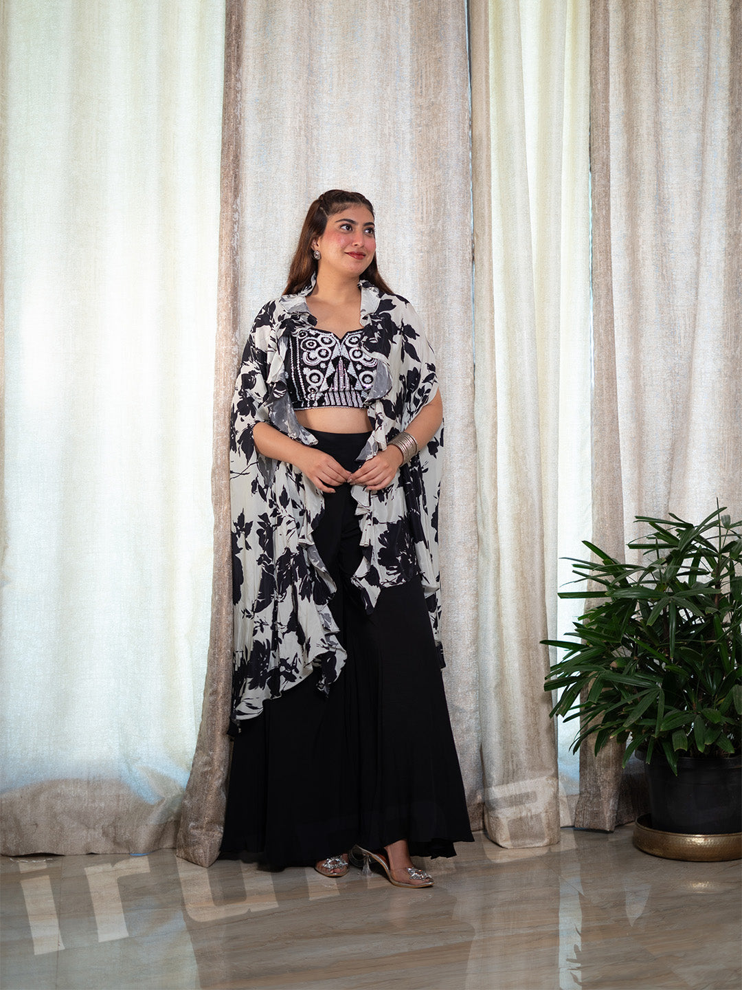 Black Drape Dhoti With Printed Cape Jacket & Fully Embroidered Blouse