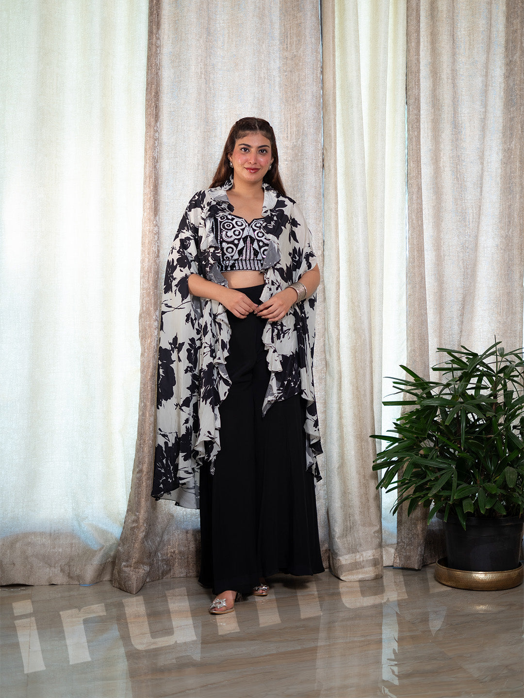 Black Drape Dhoti With Printed Cape Jacket & Fully Embroidered Blouse