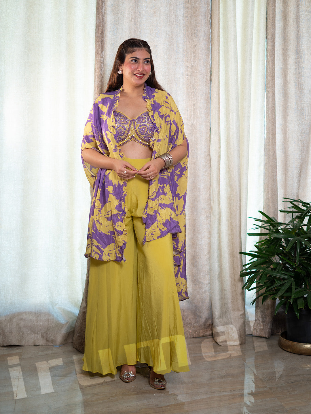 Mustard Yellow Palazzo With Embroidered Blouse & Printed Cape Jacket