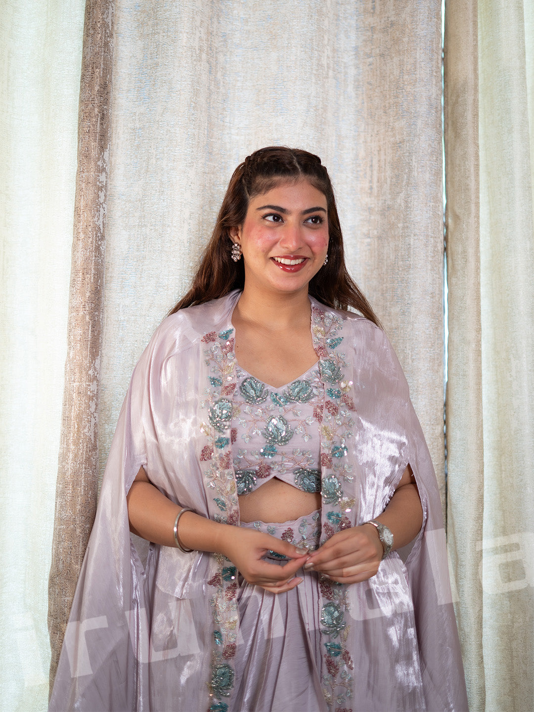 Lavender Shimmery Tissue Drape Dhoti With Cape Jacket & Blouse