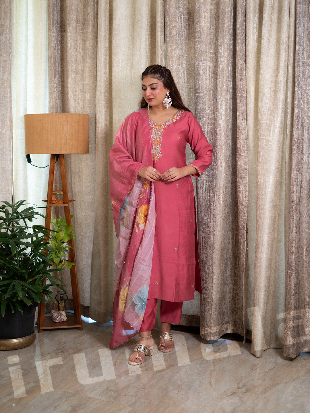 Peach Kurti With Pant & Printed Dupatta