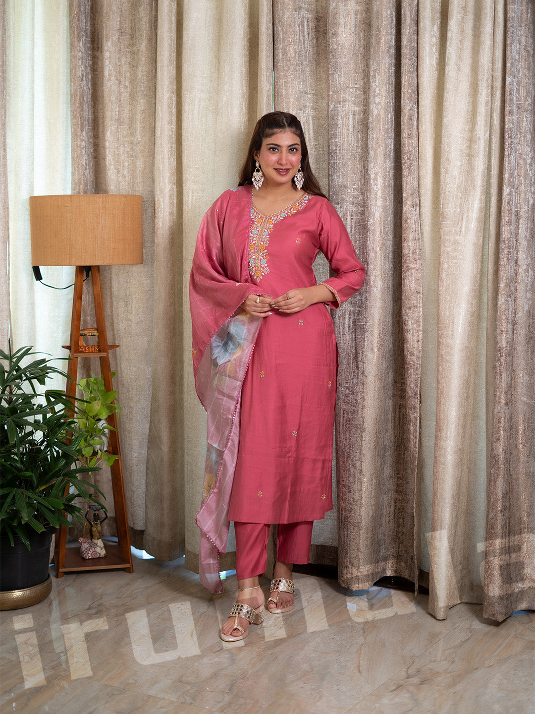 Peach Kurti With Pant & Printed Dupatta