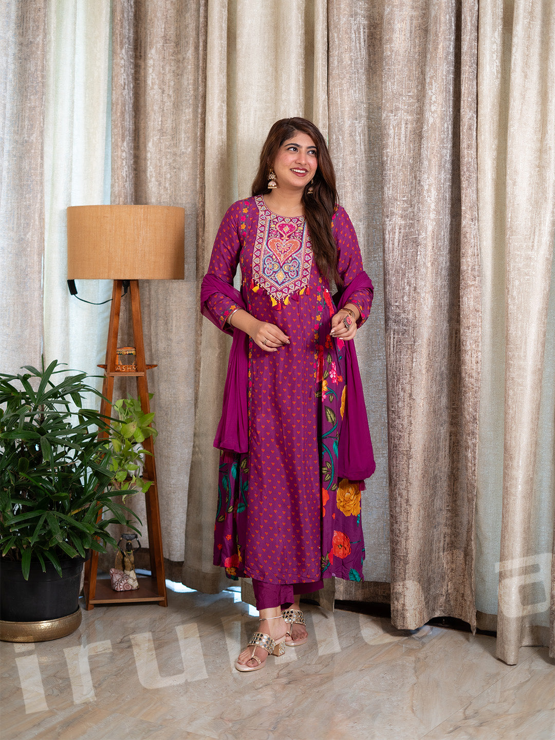 Magenta Cotton A-Line Gown With Pant & Dupatta