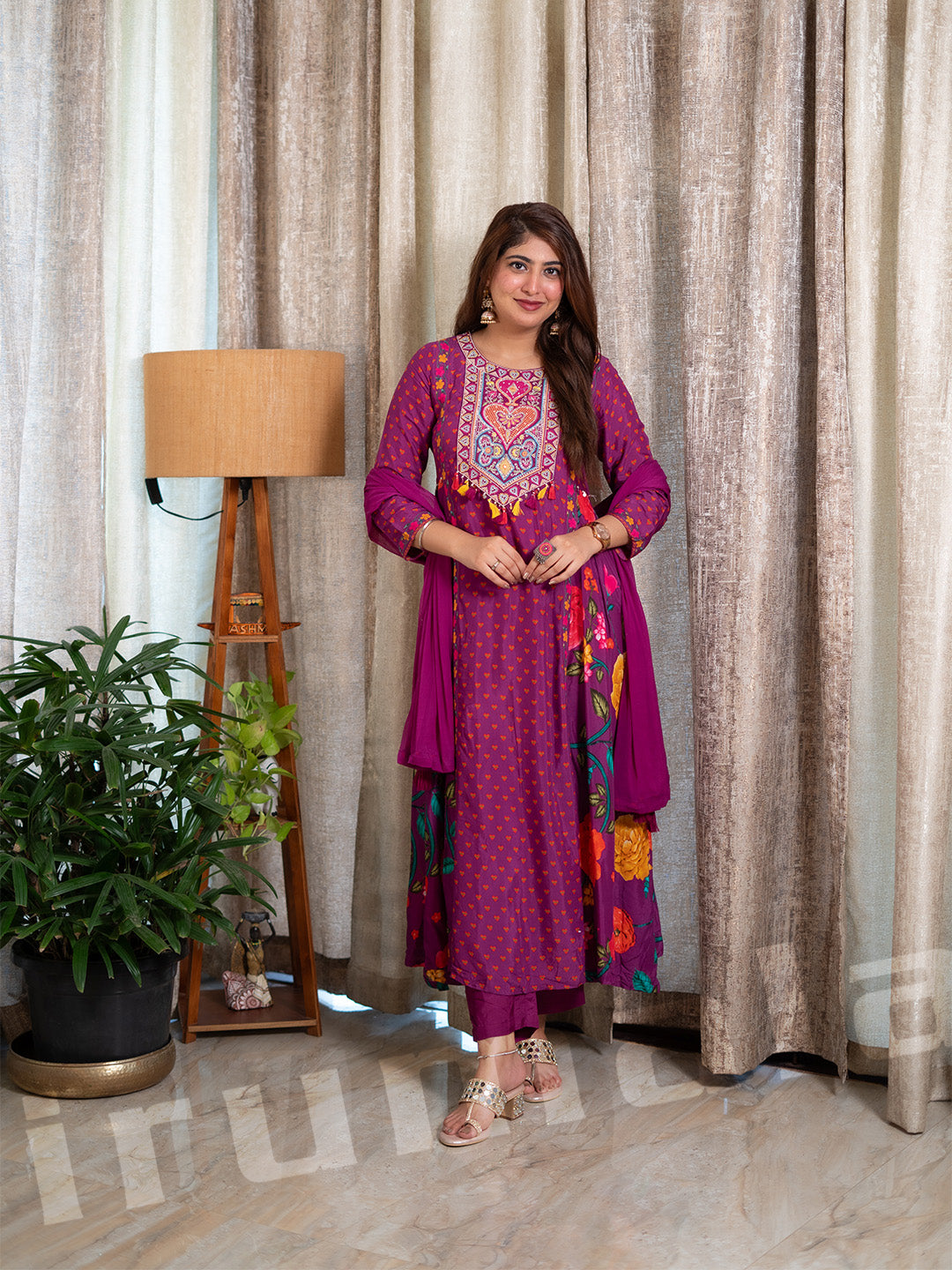 Magenta Cotton A-Line Gown With Pant & Dupatta