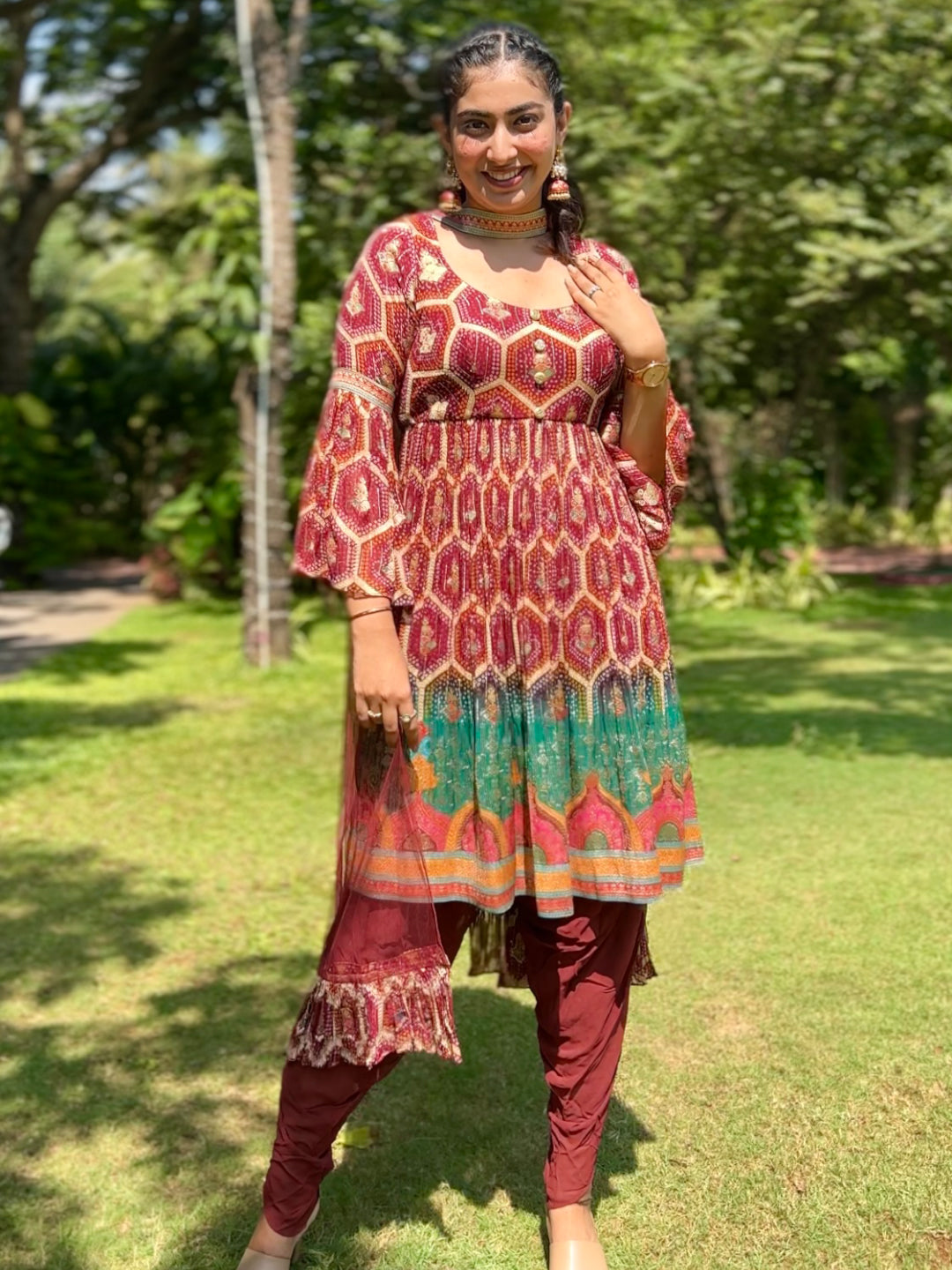 Maroon Silk Bandhani Printed Dhoti Set Dress With Dupatta