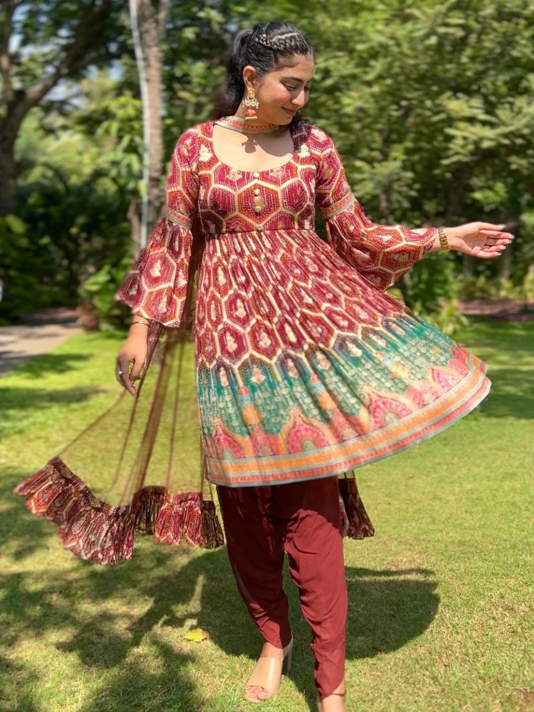 Maroon Silk Bandhani Printed Dhoti Set Dress With Dupatta