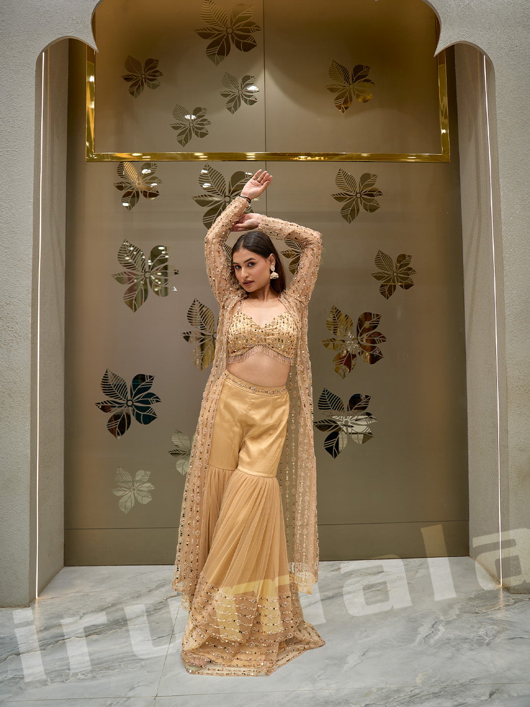 Golden Gharara With Long Jacket & Blouse