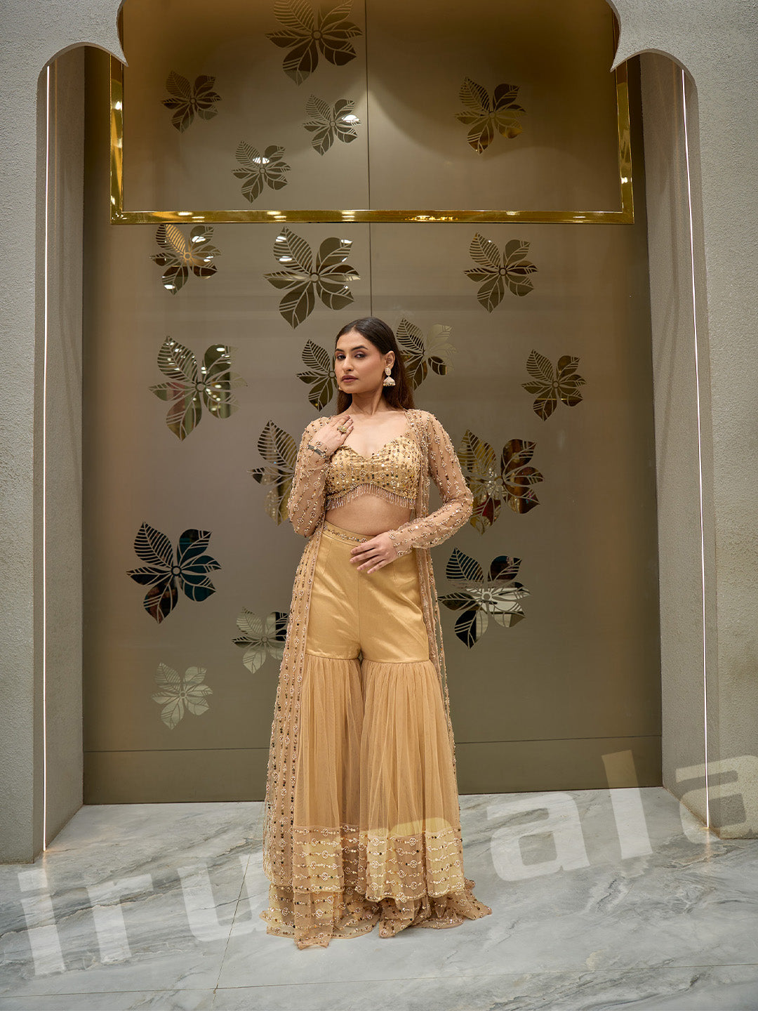 Golden Gharara With Long Jacket & Blouse