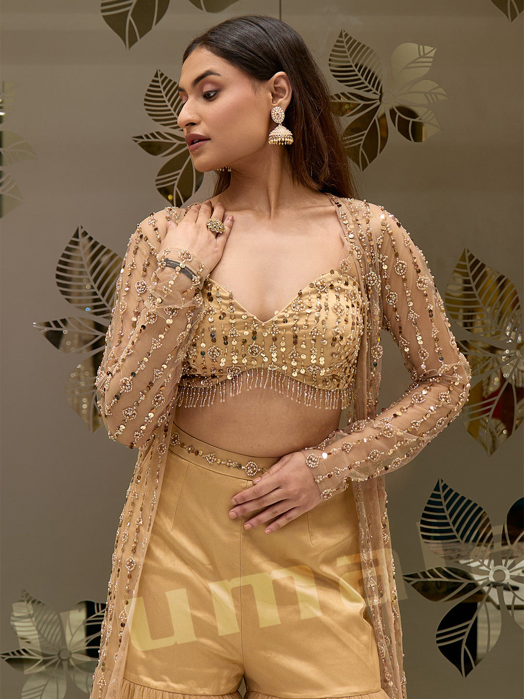 Golden Gharara With Long Jacket & Blouse