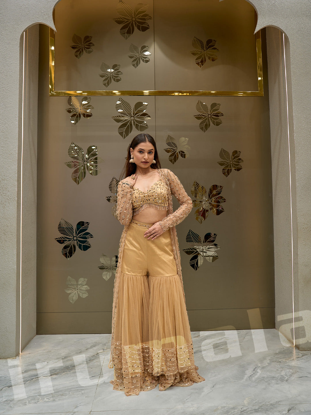 Golden Gharara With Long Jacket & Blouse