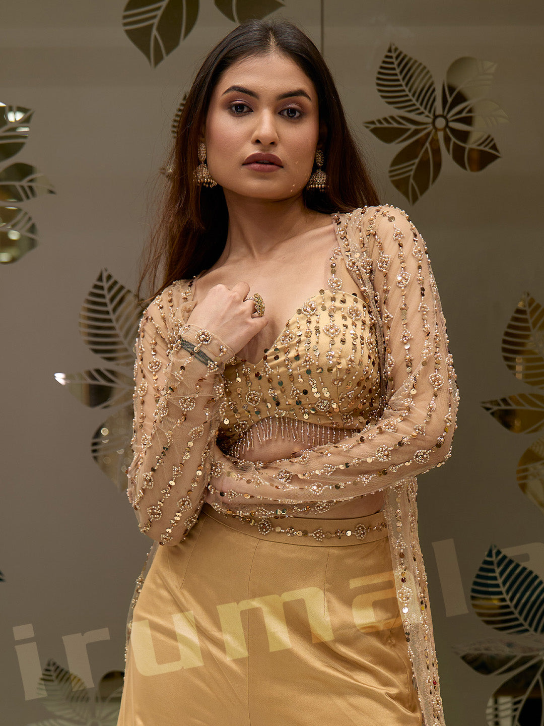 Golden Gharara With Long Jacket & Blouse