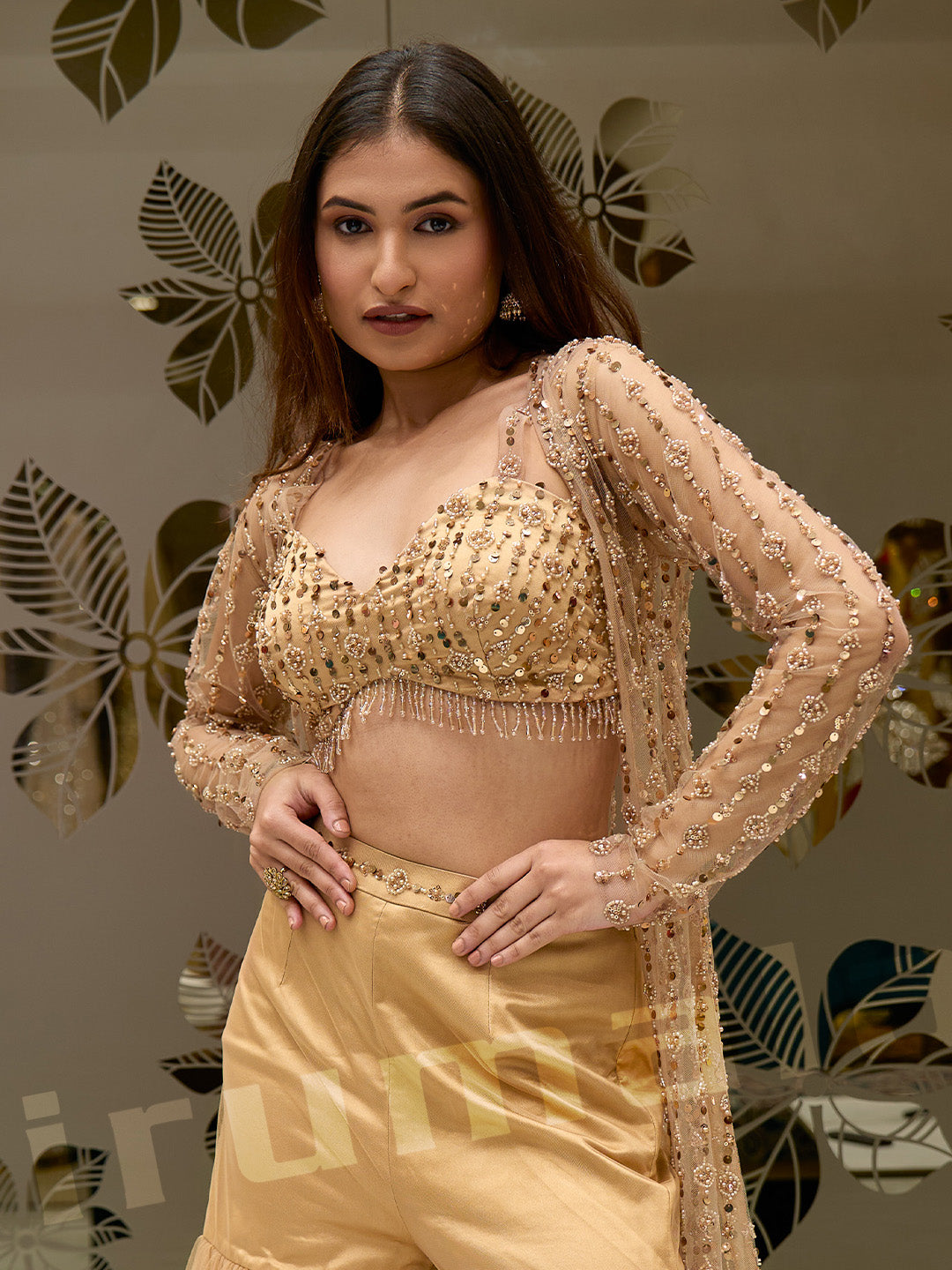 Golden Gharara With Long Jacket & Blouse