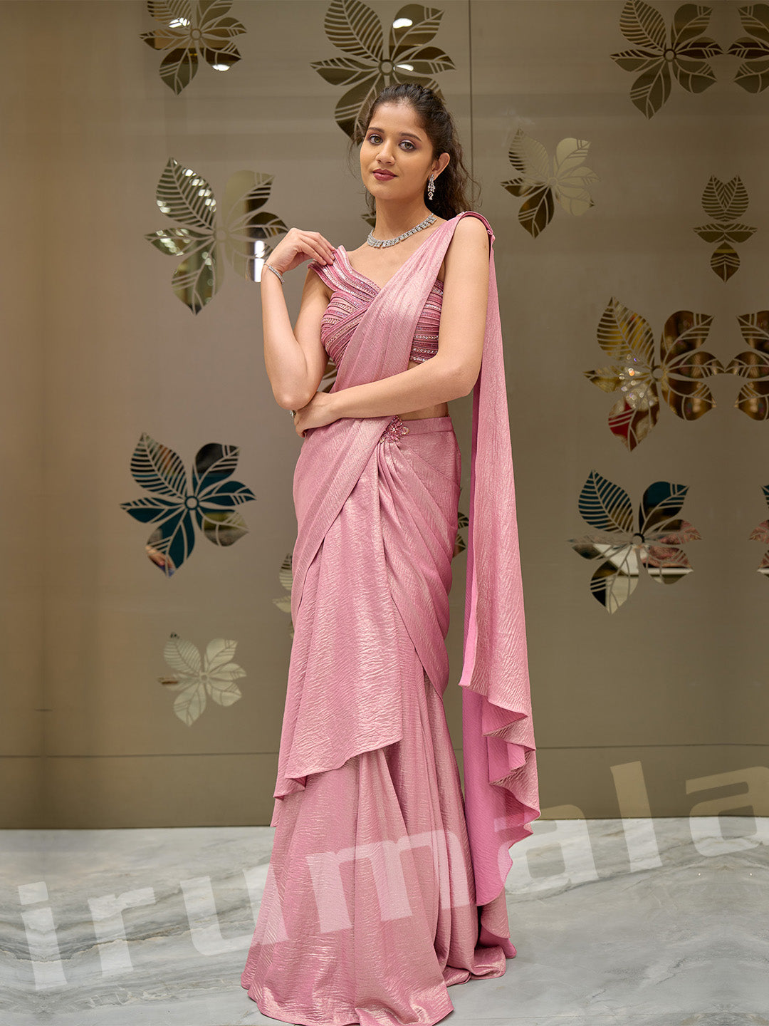 Pink Lycra Draped Saree With Fancy Blouse & Hand-Embroidered Detailing