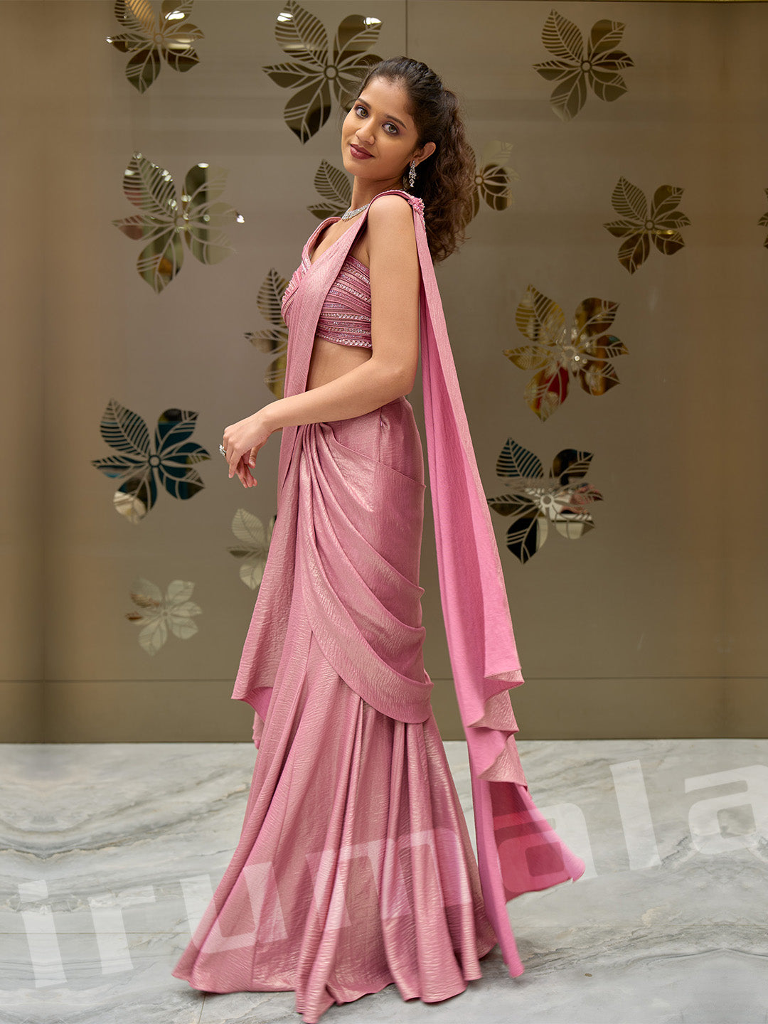 Pink Lycra Draped Saree With Fancy Blouse & Hand-Embroidered Detailing