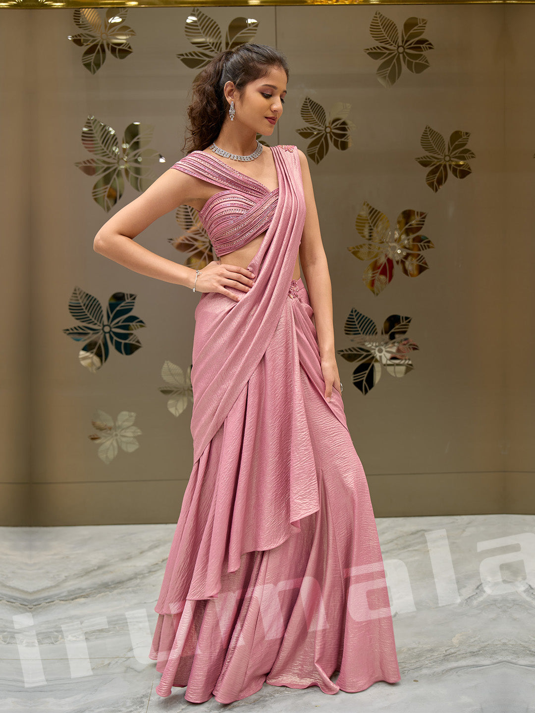 Pink Lycra Draped Saree With Fancy Blouse & Hand-Embroidered Detailing