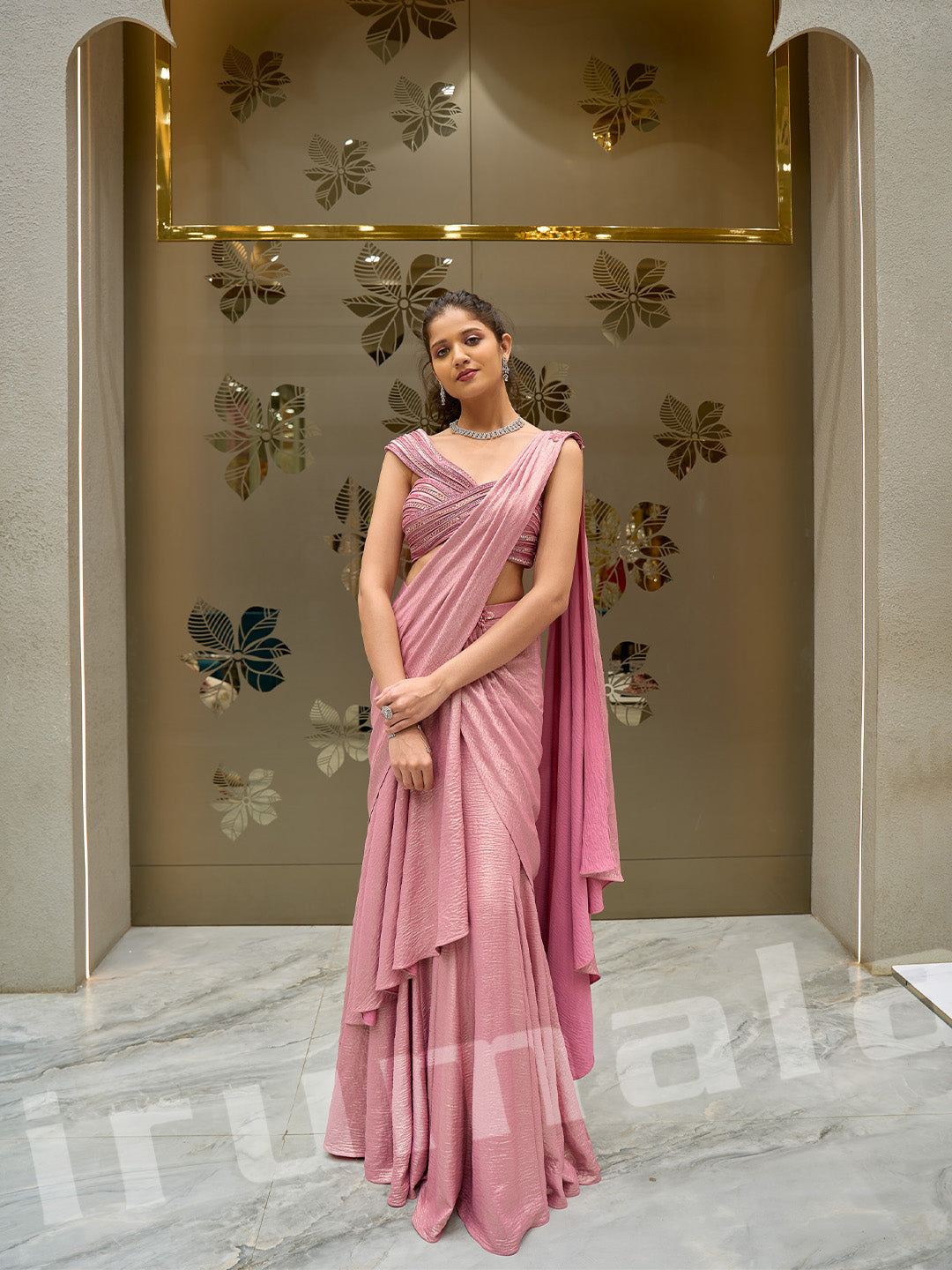 Pink Lycra Draped Saree With Fancy Blouse & Hand-Embroidered Detailing