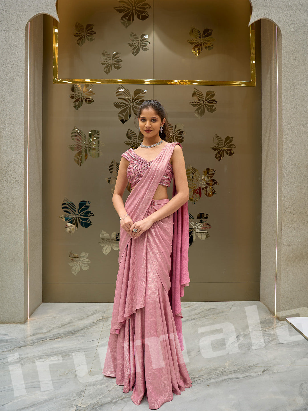 Pink Lycra Draped Saree With Fancy Blouse & Hand-Embroidered Detailing